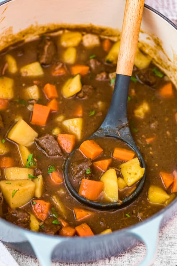 up close image of drunken beef stew