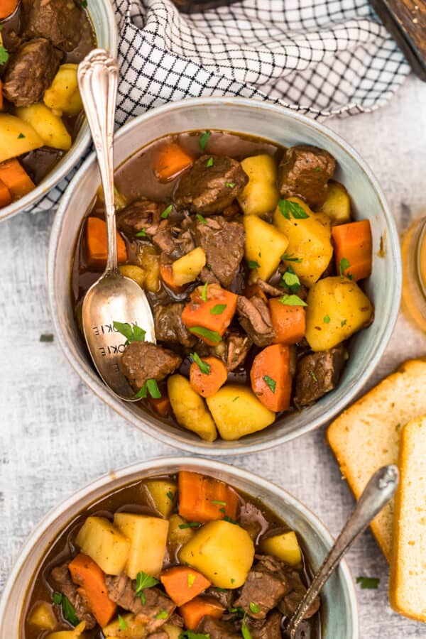 overhead shot of stew with potatoes and carrots