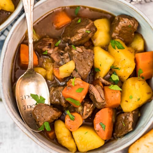 close up picture of beef stew in bowl