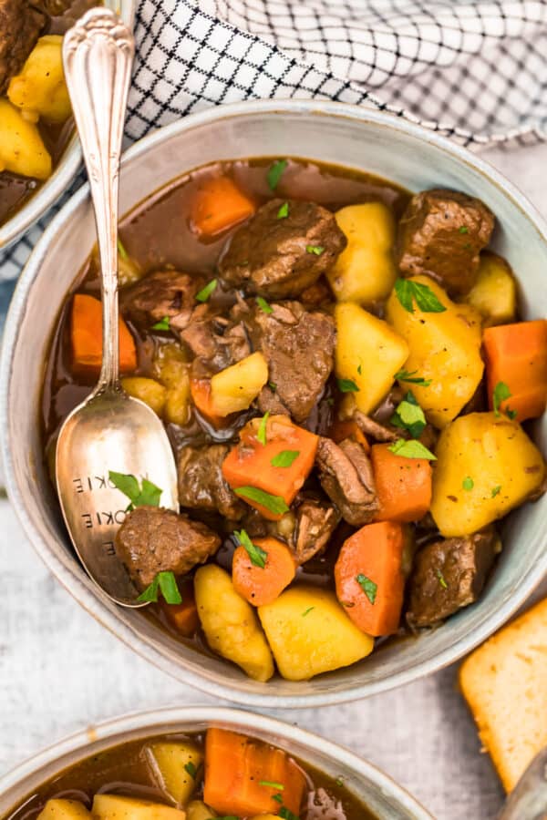 close up picture of beef stew in bowl