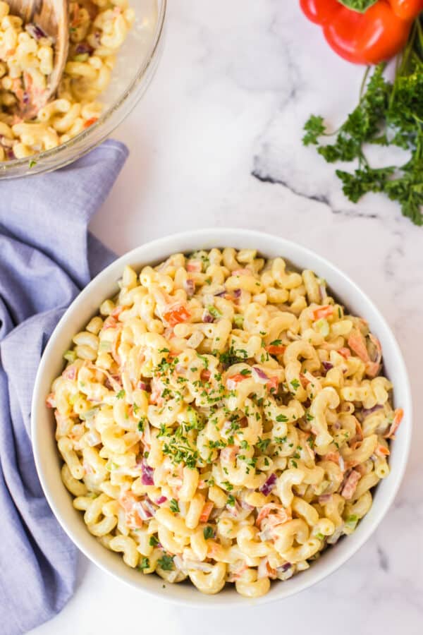 two bowls of macaroni salad