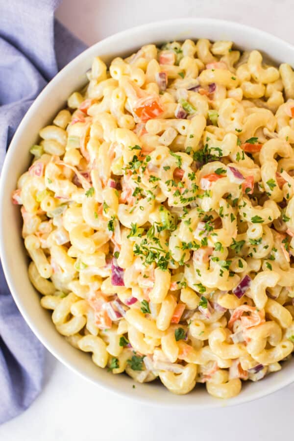 macaroni salad in white bowl