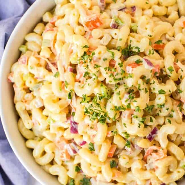 macaroni salad in white bowl