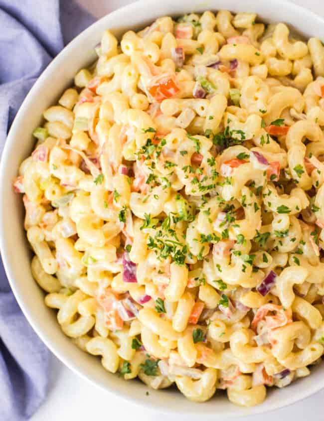 macaroni salad in white bowl