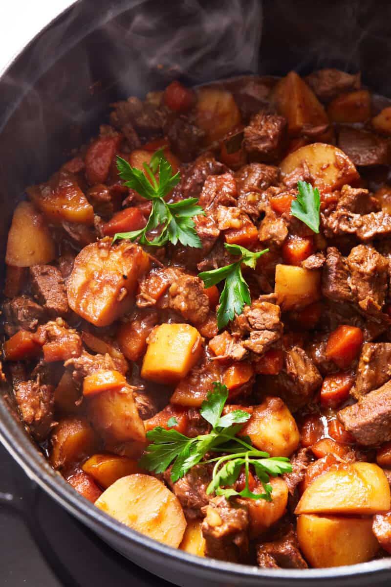 beef stew with red wine in dutch oven