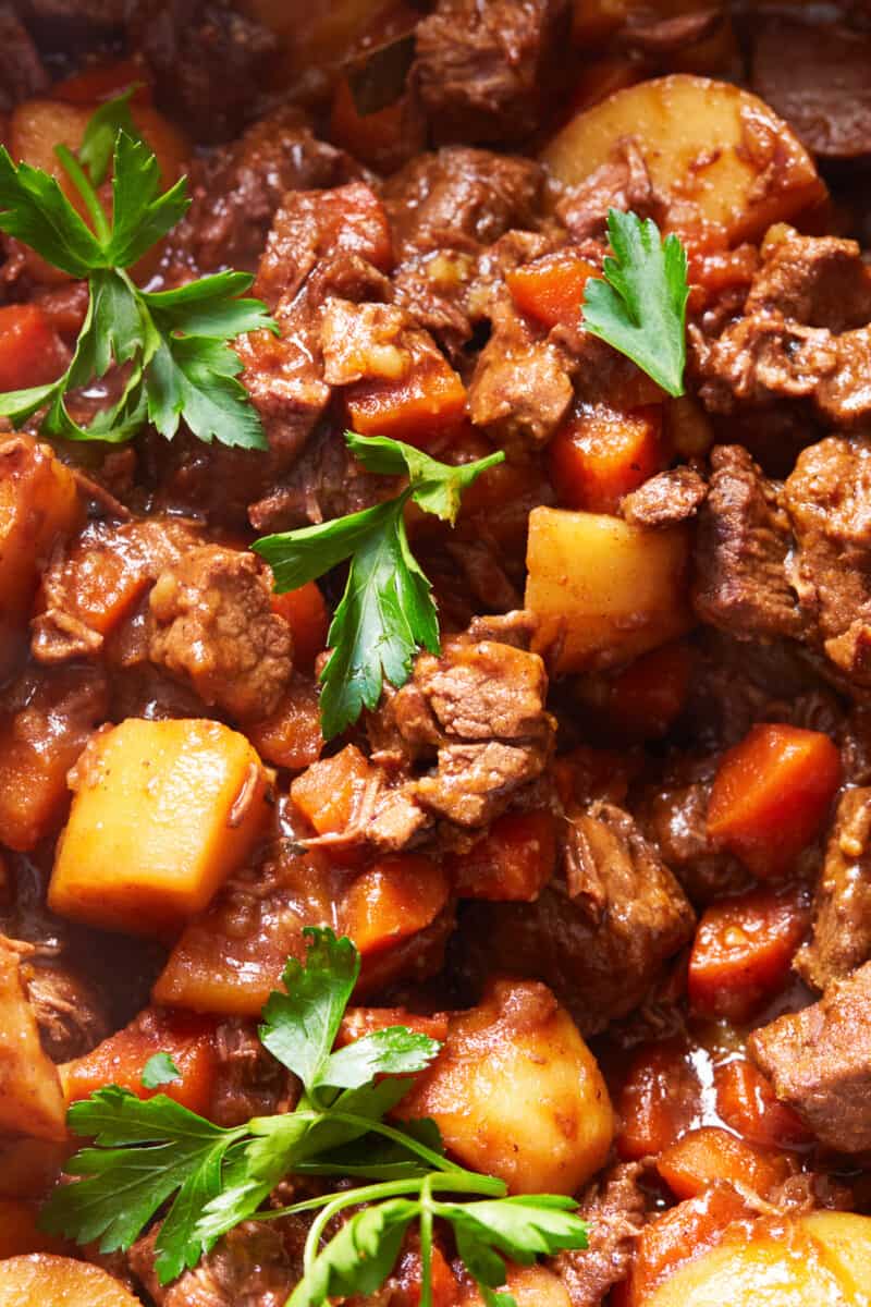 up close beef stew with red wine in dutch oven