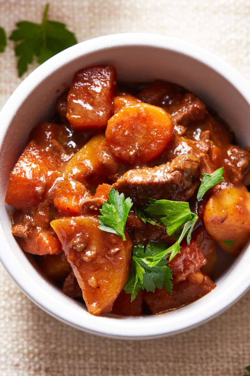 up close bowl of beef stew with red wine