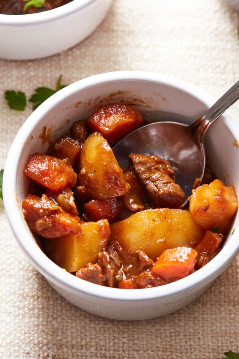 up close bowl of beef stew with red wine