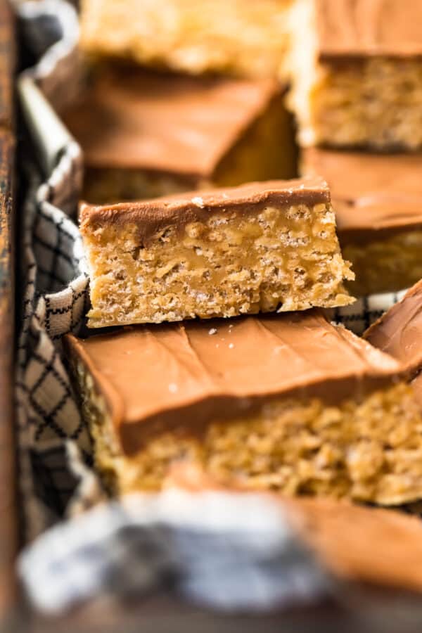 up close image of cereal bars topped with chocolate