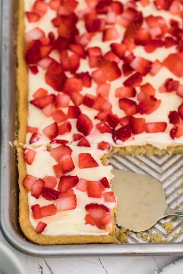 up close image of strawberry bars in pan