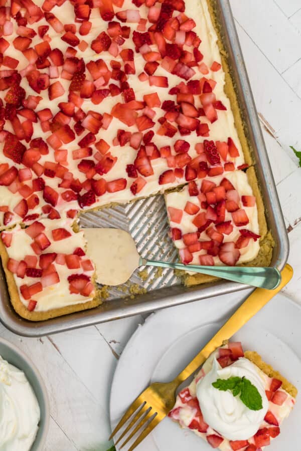 overhead image of sugar cookie bars in pan