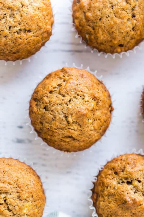 overhead image of muffins on wood