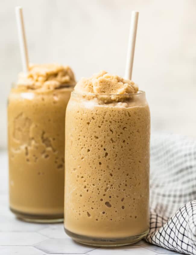 keto coffee smoothie in two glasses with straws