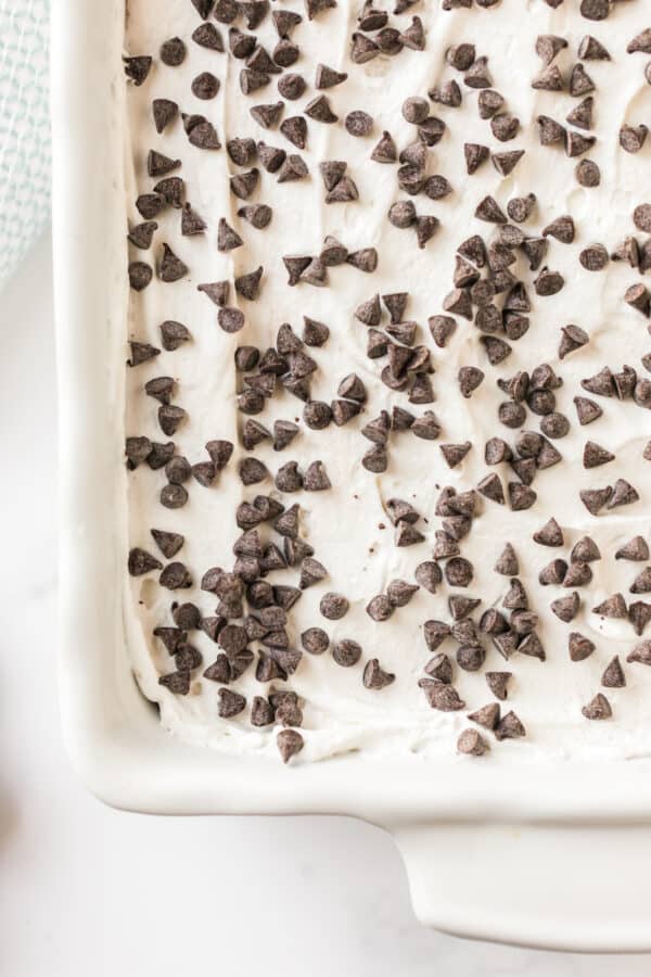 overhead image of chocolate lasagna topped with mini chocolate chips