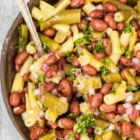 three bean salad in bowl with spoon