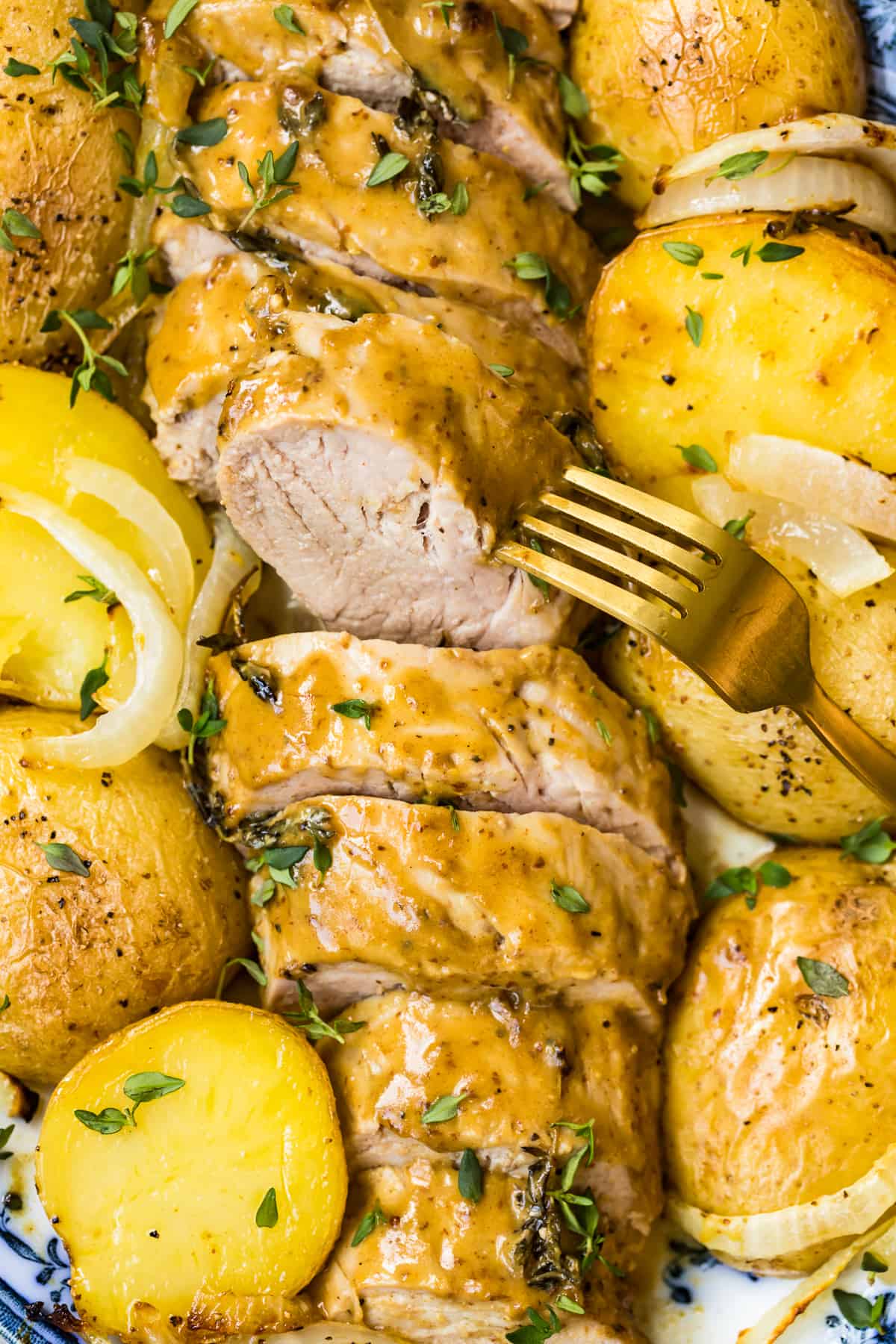 up close image of pork tenderloin with honey mustard sauce and potatoes