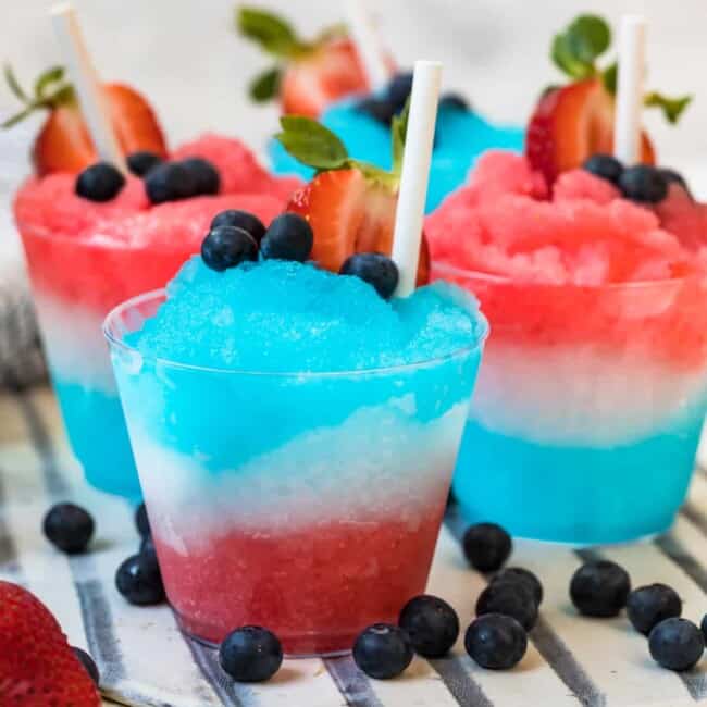 red white and blue margarita slushies on platter