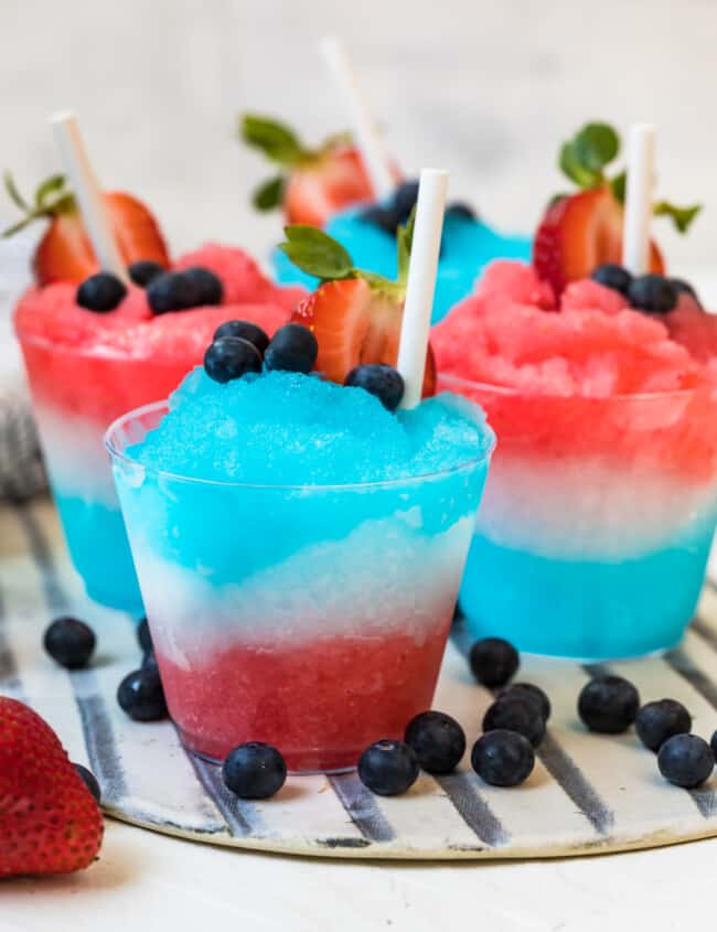 red white and blue margarita slushies on platter