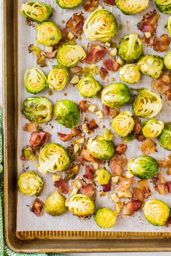 roasted brussels sprouts with bacon on sheet pan