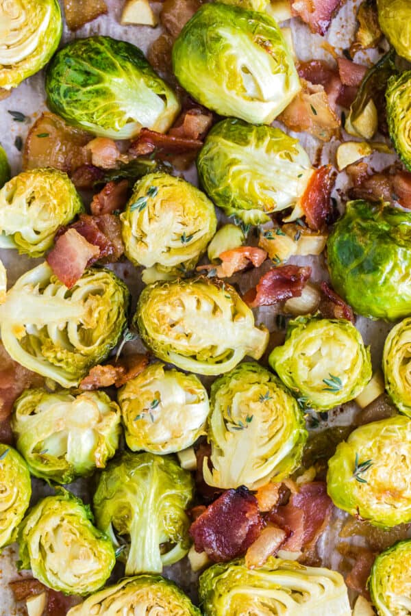 overhead image of roasted brussels sprouts