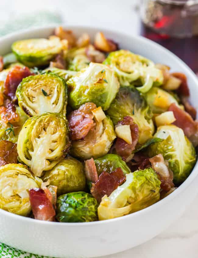 maple bacon brussels sprouts in white bowl