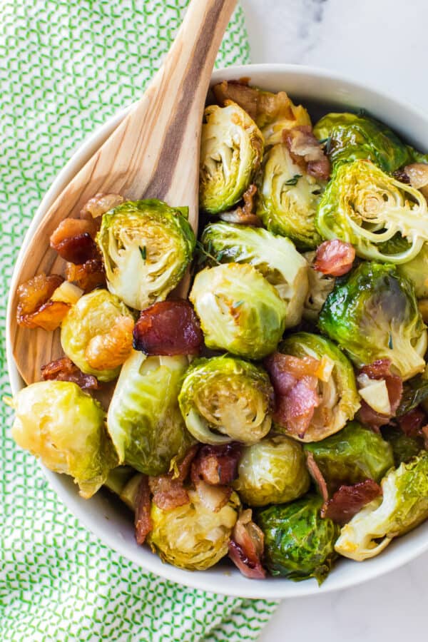 maple bacon brussels sprouts in white bowl