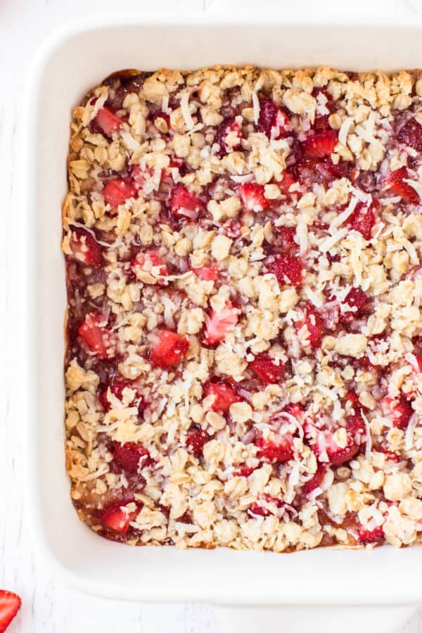 strawberry oatmeal bars baked in baking dish