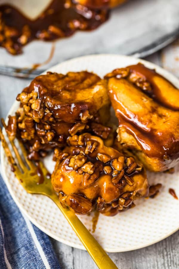 three slices of butterscotch monkey bread on plate