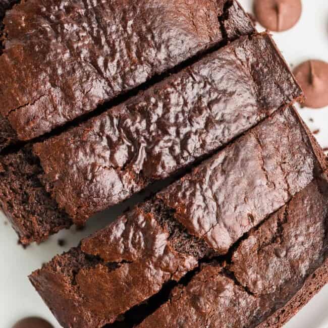 overhead picture of sliced chocolate banana bread