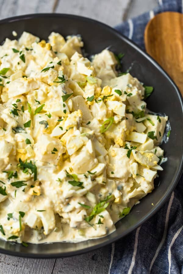 classic potato salad in black bowl