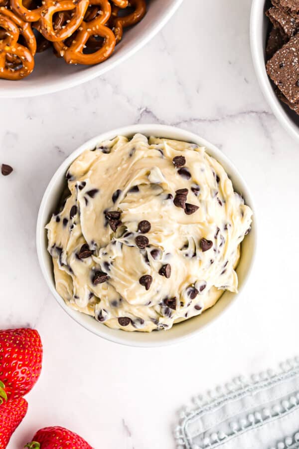 cookie dough dip in white bowl