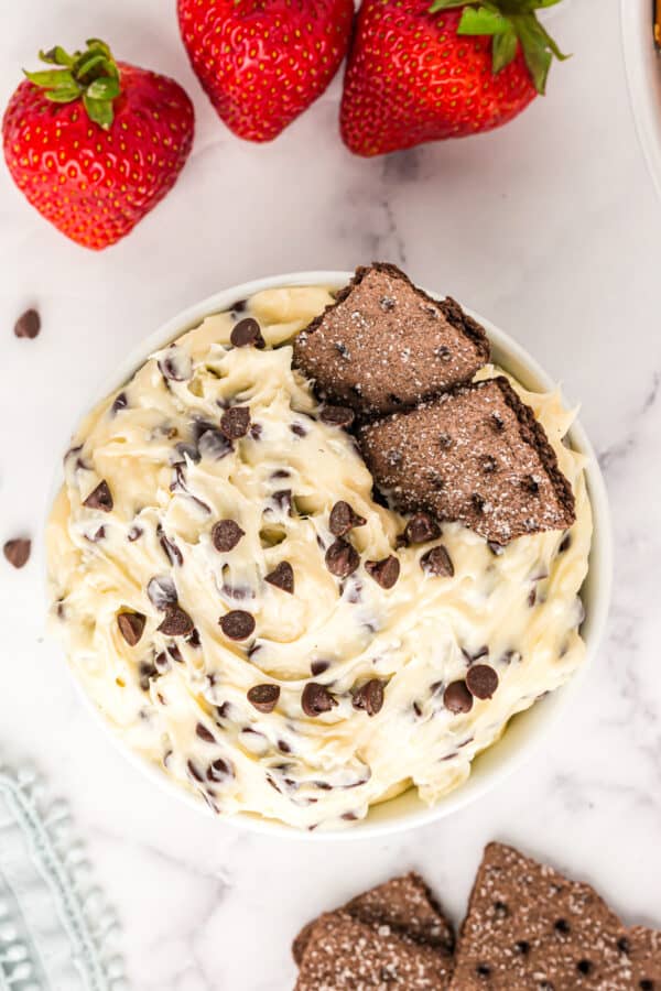 overhead image of chocolate chip cookie dough dip