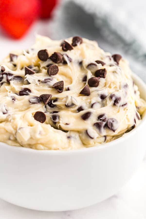 up close image of no bake chocolate chip cookie dough dip