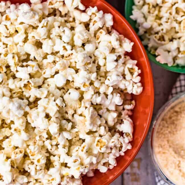 homemade kettle corn in brightly colored bowls