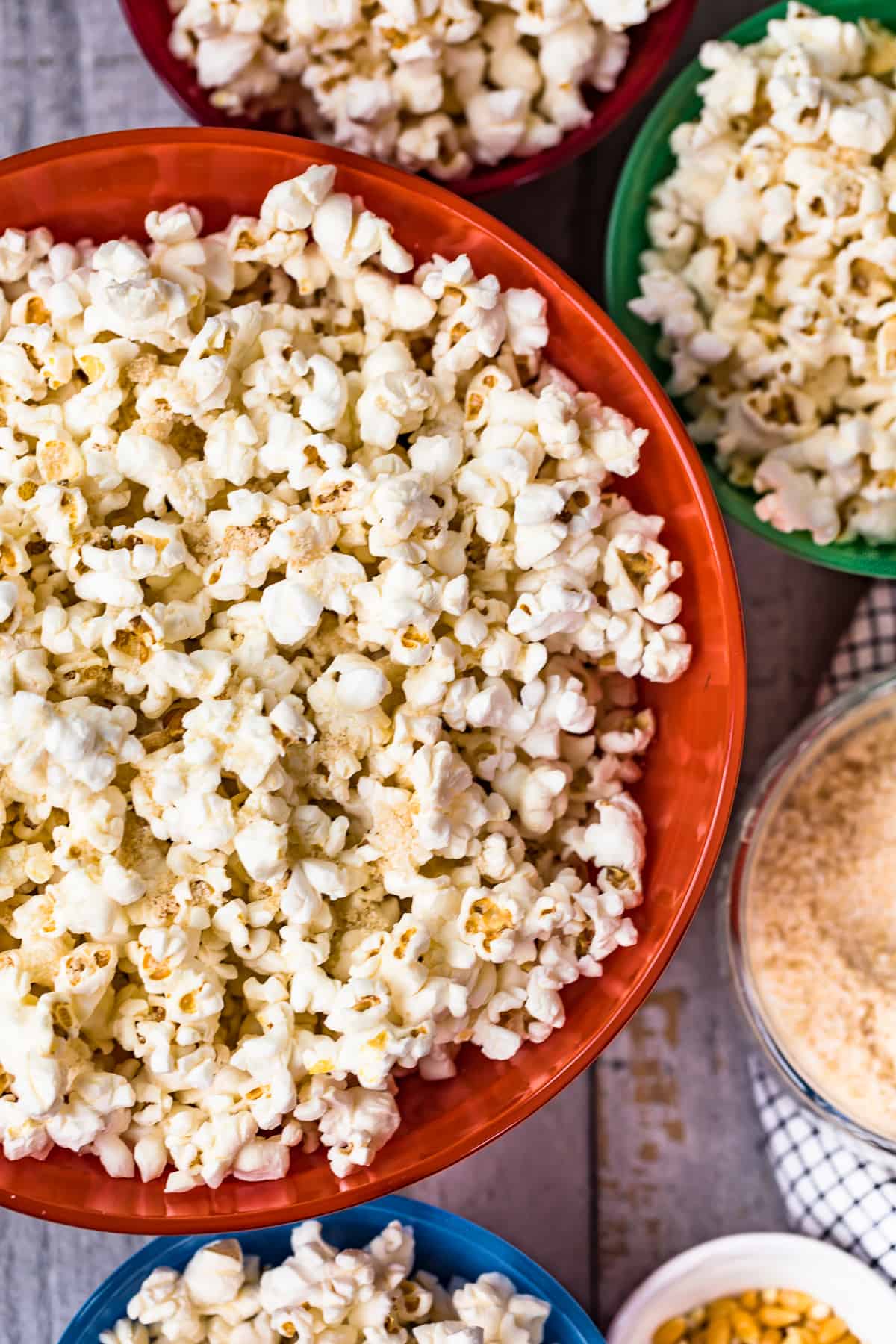 homemade kettle corn in brightly colored bowls