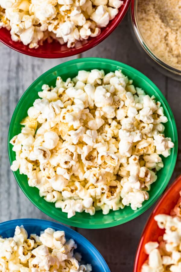 up close image of homemade kettle corn in green bowl