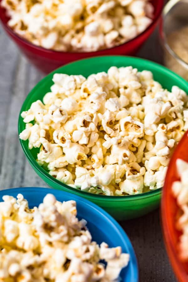 side image of kettle corn in bright bowls