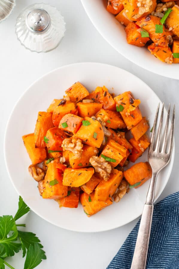 overhead image of bowl of roasted sweet potatoes