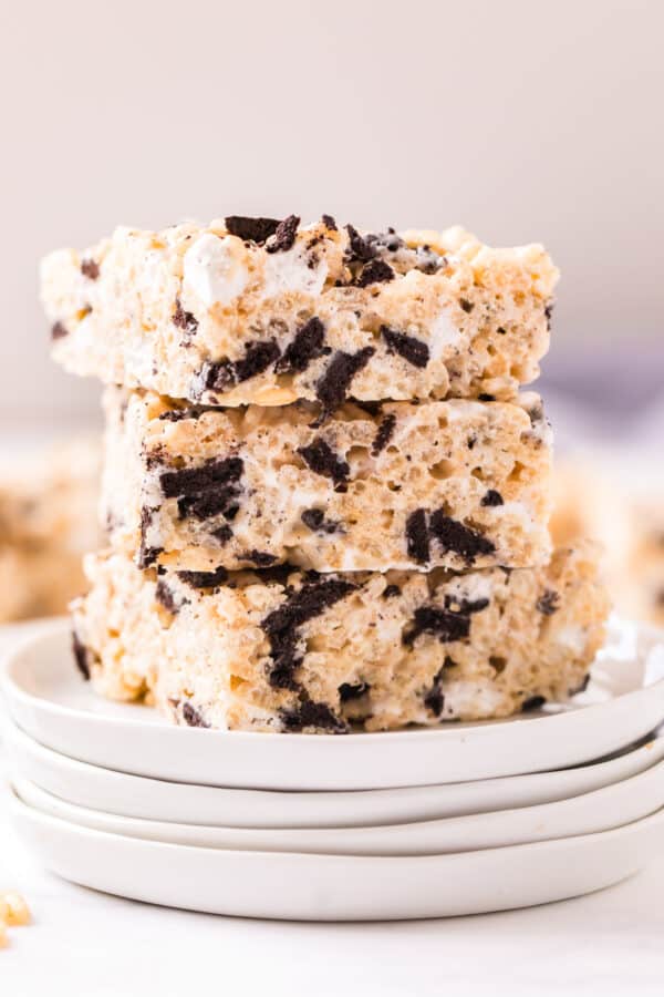 stacked oreo rice krispies on plate