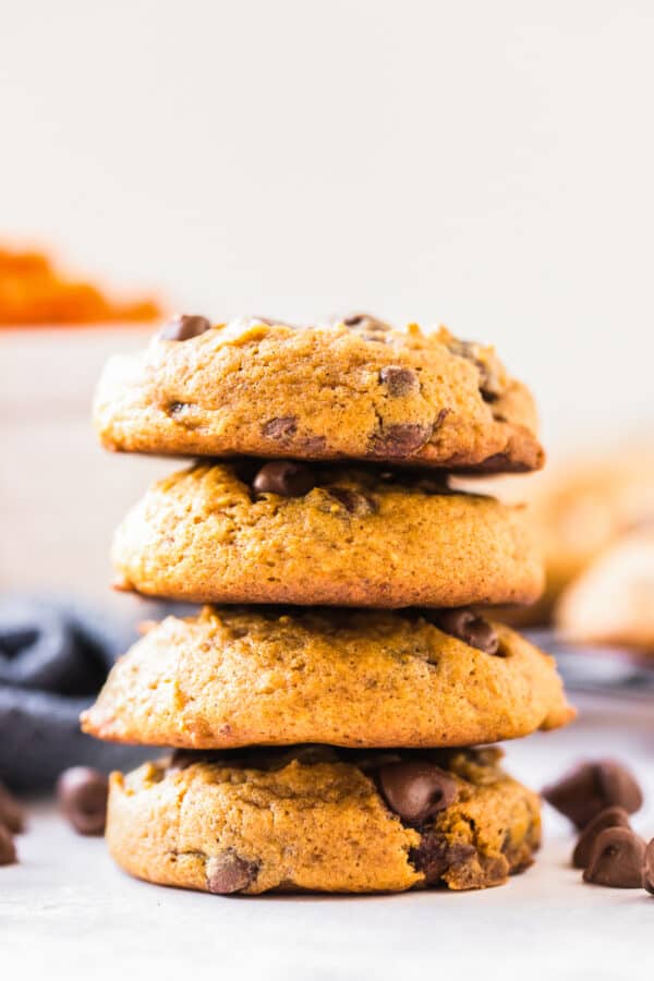 stacked pumpkin chocolate chip cookies