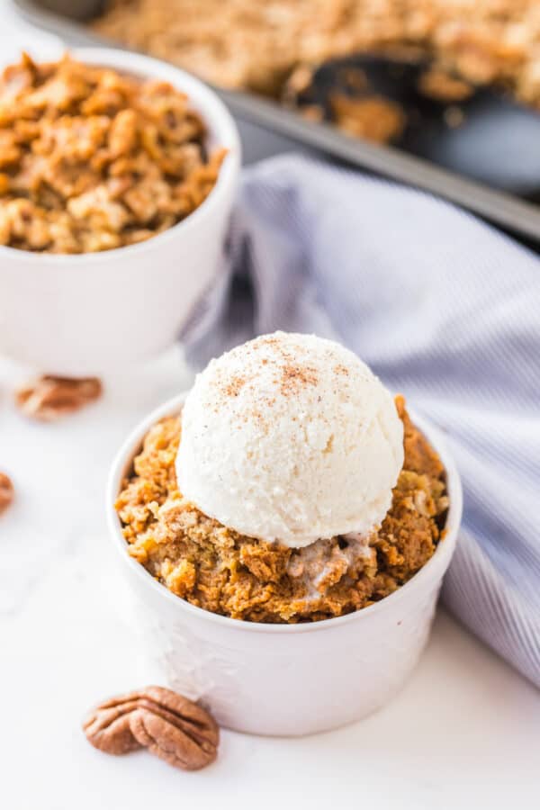 pumpkin crisp topped with ice cream