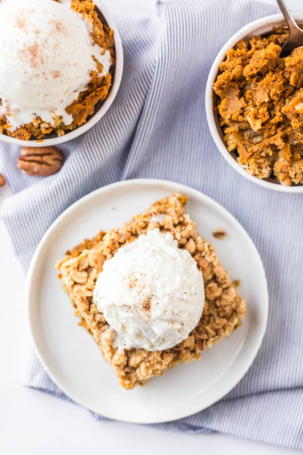 overhead image of pumpkin dessert with vanilla ice cream