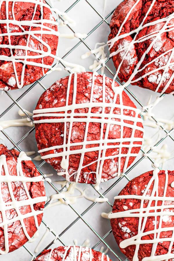 red velvet cookies on cooling rack