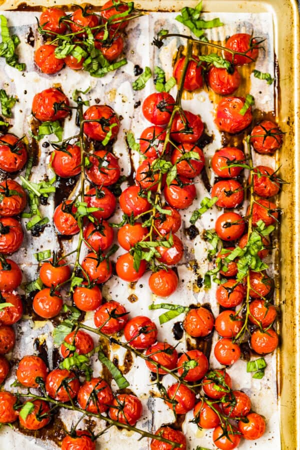 roasted tomatoes with balsamic on sheet pan
