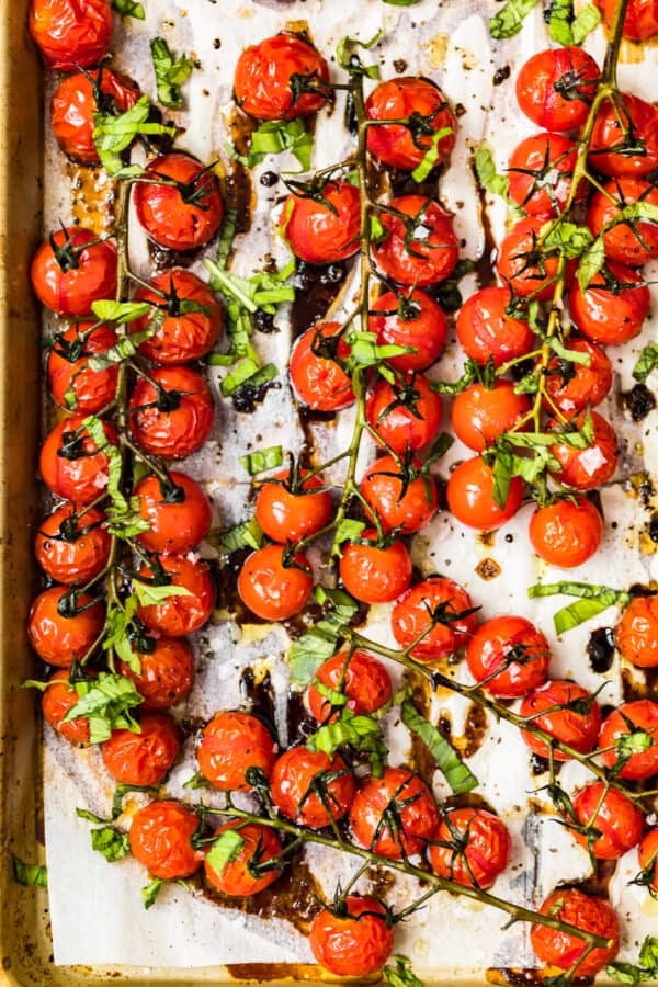 roasted tomatoes with balsamic on sheet pan