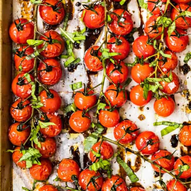roasted tomatoes with balsamic on sheet pan
