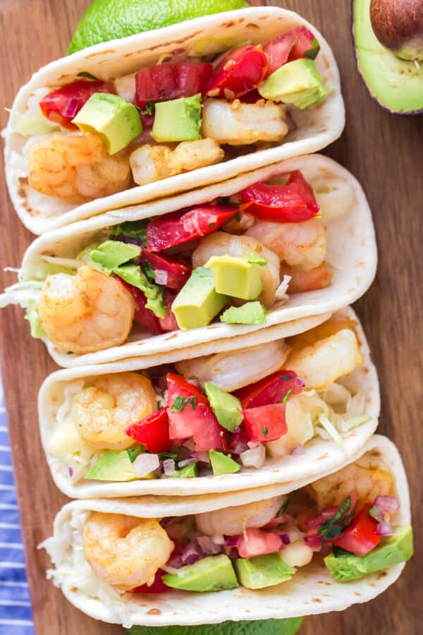 overhead image of shrimp tacos