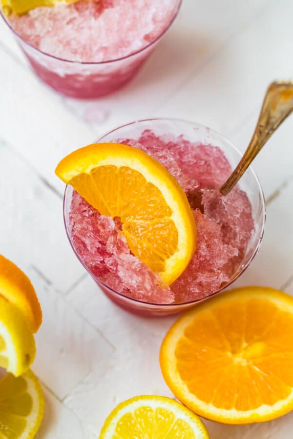 overhead image of pink summer wine slush in glasses