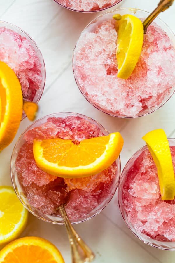 overhead image of pink summer wine slush in glasses