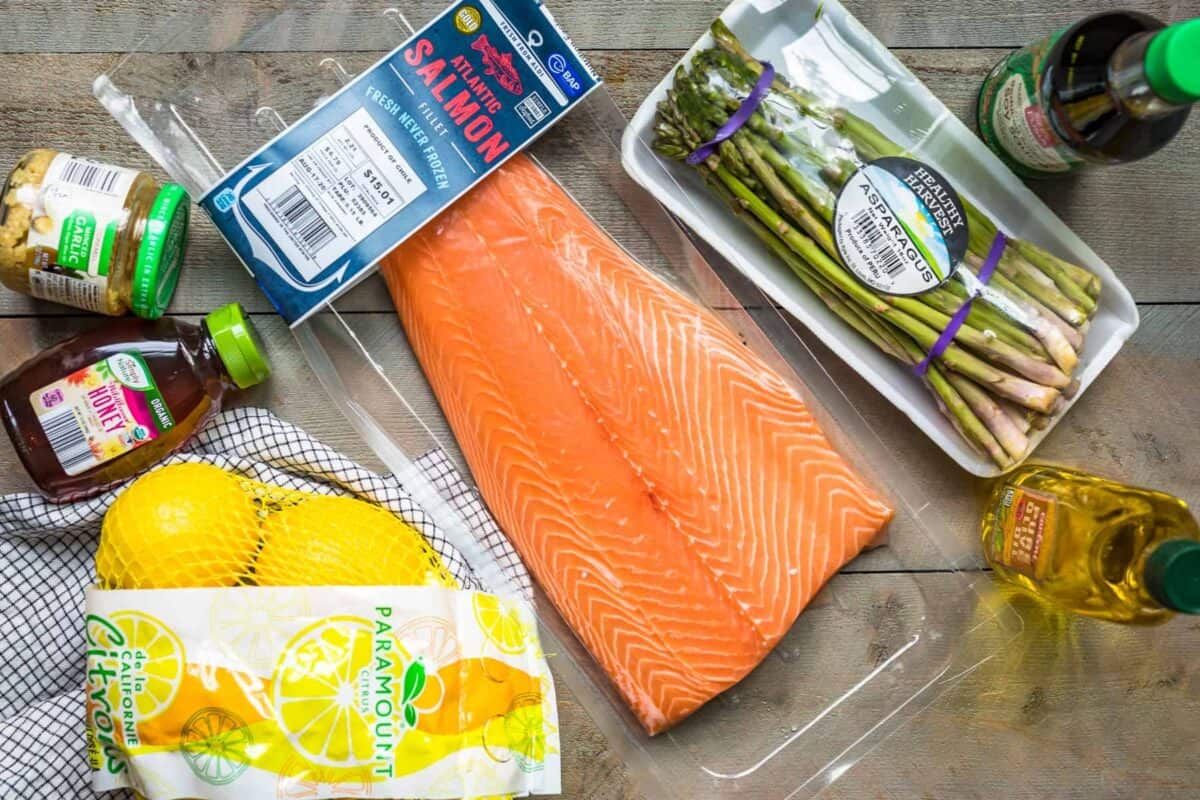Ingredients to make honey garlic salmon and asparagus.